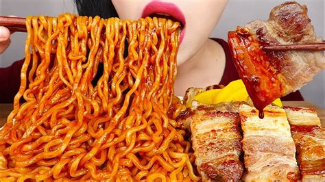 Asmr Spicy Fire Noodles Grilled Pork Belly No Talking