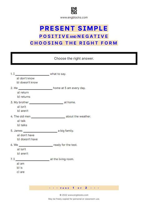 Present Simple Positive And Negative Choosing The Right Form Esl