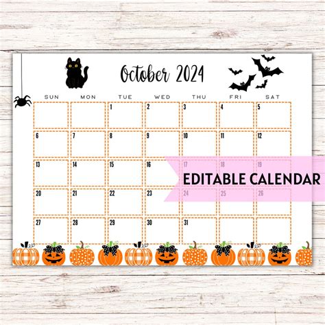 Editable Printable October Calendar 2024 Halloween Calendar Cute And