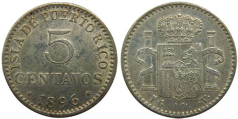 Cy16715F ALFONSO XIII 5 Centavos Puerto Rico 1896 PGV MBC