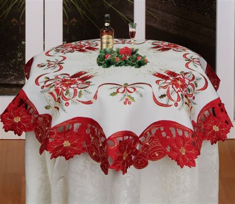 Christmas Embroidered Poinsettia Candle Bell Tablecloth Christmas