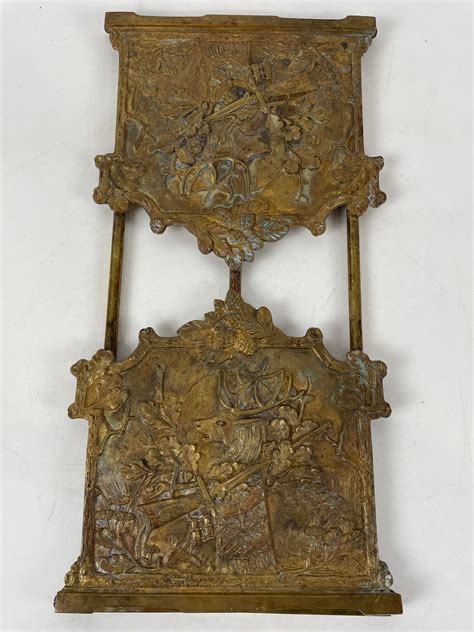 Antique Brass Sliding Bookends With Ornate Hunting Scene Detail On Each End 96054