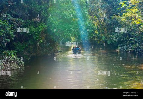 Gente en una canoa a lo largo de un canal en la selva amazónica con