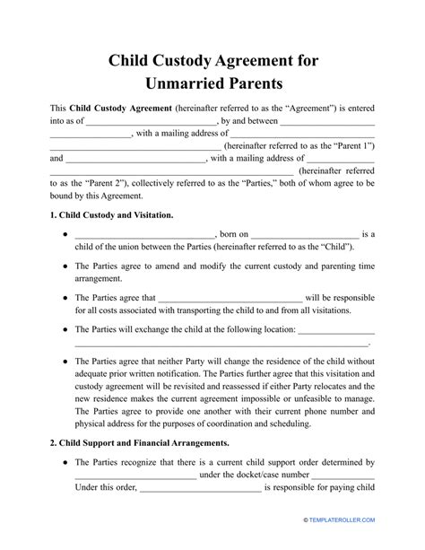 Child Custody Agreement for Unmarried Parents Template - Fill Out, Sign ...