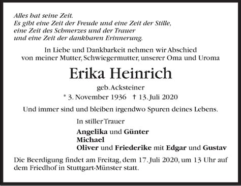 Traueranzeigen Von Erika Heinrich Stuttgart Gedenkt De