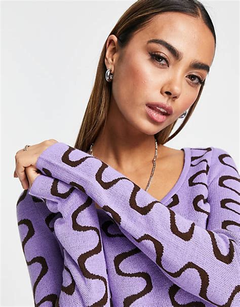 Asos Design Scoop Neck Sweater In Lilac Wavy Pattern In Lilac Asos