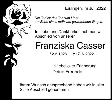 Traueranzeigen von Franziska Casser Südwest Presse Trauer