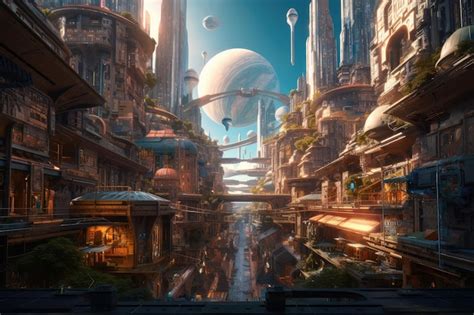 Premium AI Image A Future Space City With Towering Buildings Bustling