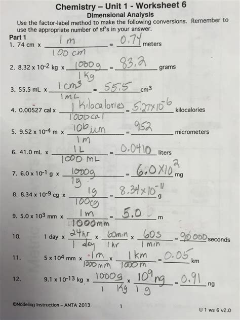 Chemistry Unit Worksheet Answers Dimensional Analysis Di