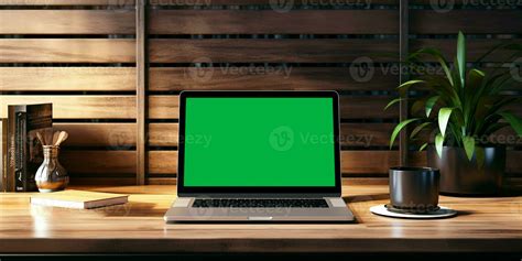 AI generated workstation setup, laptop on desk, horizontal view layout mockup with green screen ...