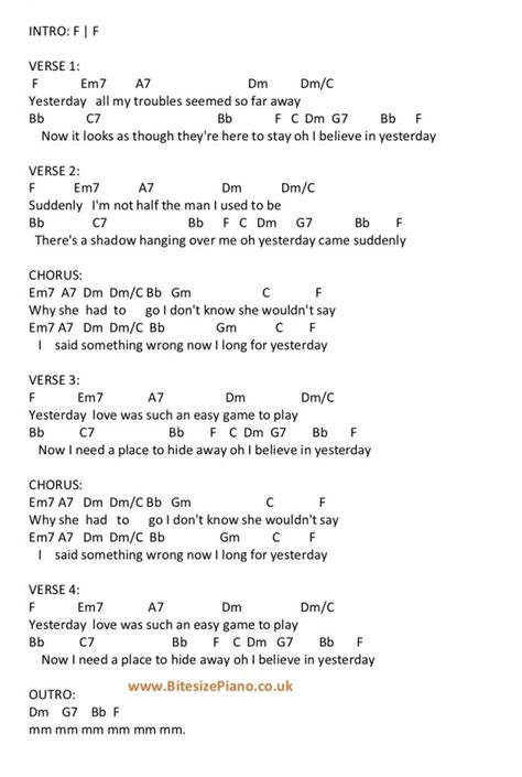 YESTERDAY – THE BEATLES PIANO CHORDS & Lyrics – Bitesize Piano