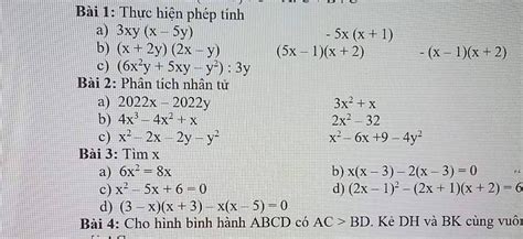 Bài 1 Thực Hiện Phép Tính A 3xy X 5y B X 2y 2x Y C 6x²y 5xy Y² 3y Bài 2