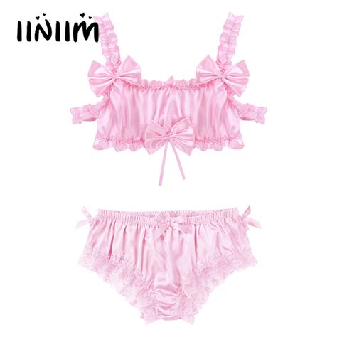 Mens Lingerie Sissy Crossdressing Costume Set Satin Frilly Wire Free