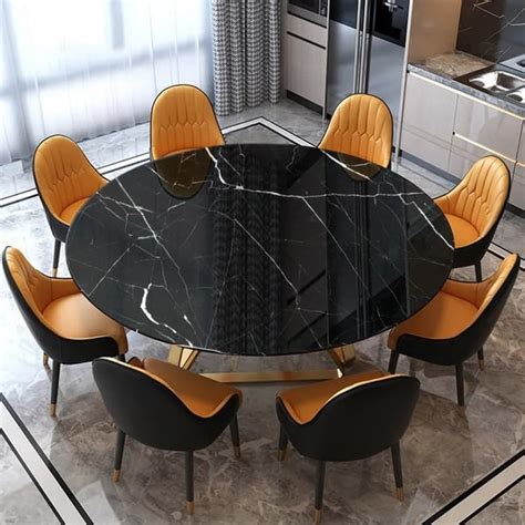 Black Modern Round Faux Marble Dining Table For Person Gold