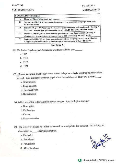 JKBOSE 11th Psychology Model Paper 2024 PDF OneEdu24