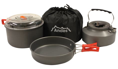 Andes Portable Camping Anodised Aluminium Cookware Set Pots Pans Kettle