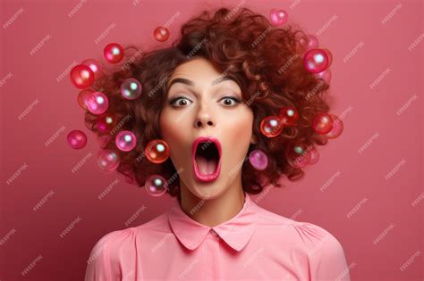 Premium Ai Image Happy Woman Blowing Bubble Gum In Front Of Wall Ai