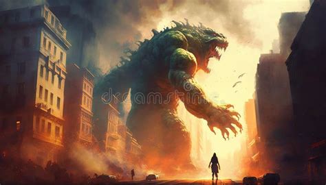 A Man Standing in Front of a Giant Godzilla in a City. Generative Ai ...