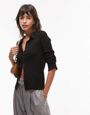 Topshop Strickjacke Aus Feinem Strick In Schwarz Mit Kragen ASOS