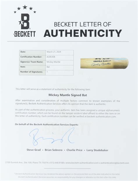 Mickey Mantle Signed Hillerich Bradsby Player Model Baseball Bat