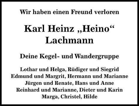 Traueranzeigen Von Karl Heinz Lachmann Trauer Anzeigen De