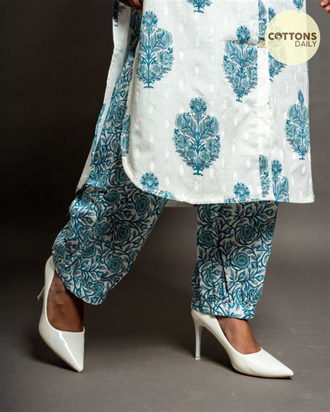 Blue White Floral Afghani Kurta Set Cottonsdaily