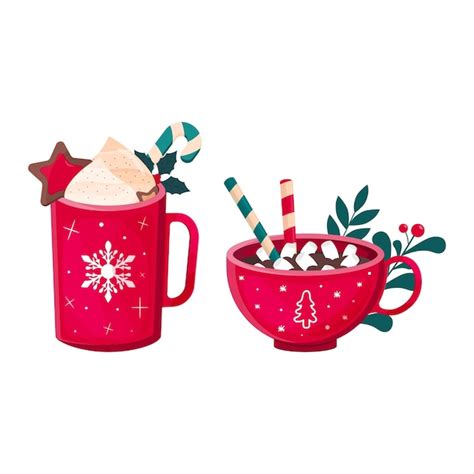 Premium Vector Christmas Set Of Red Mugs Of Hot Drinks With Decorations
