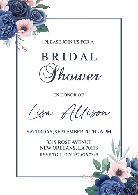 Simple Navy Blue Bridal Shower Invitation Templates Invitanku