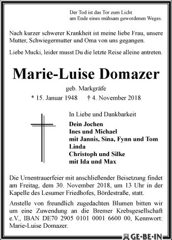 Traueranzeigen Von Marie Luise Domazer Trauer Gedenken