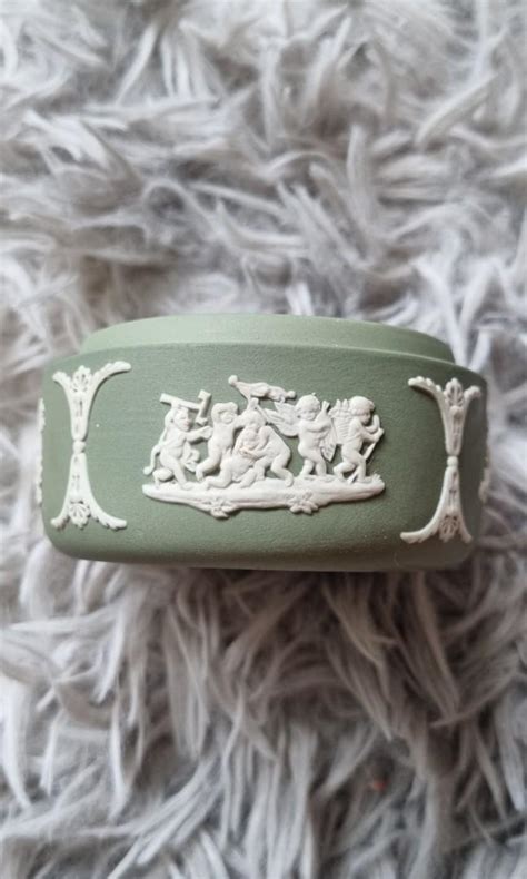 Vintage Wedgwood Sage Green Jasperware Bean Shaped Trinket Box