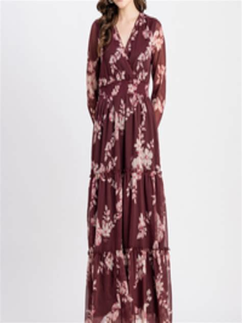 Buy Moomaya Floral Printed V Neck Smocked Tiered Chiffon Maxi Dress