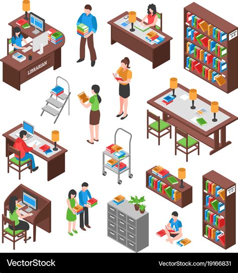 Library Isometric Set Royalty Free Vector Image