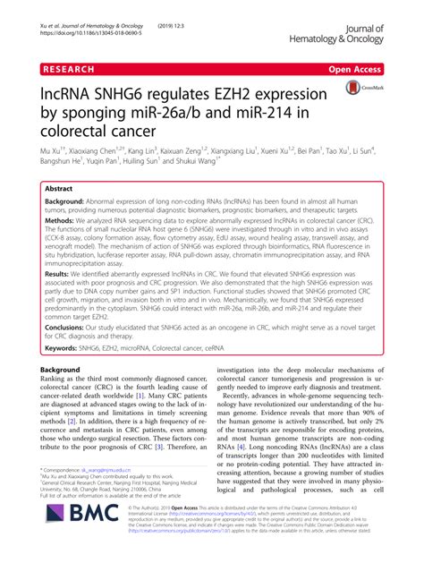 Pdf Lncrna Snhg6 Regulates Ezh2 Expression By Sponging Mir 26ab And