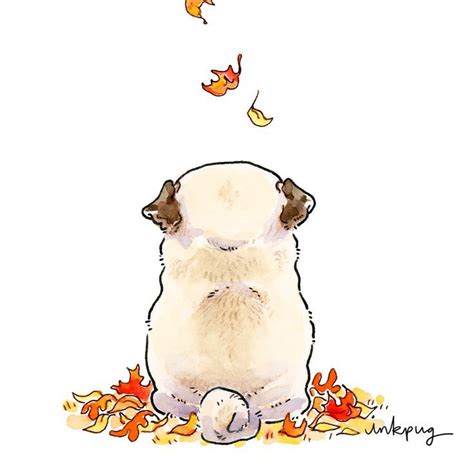 Ink and watercolor image of a fawn pug sitting in a small pile of ...