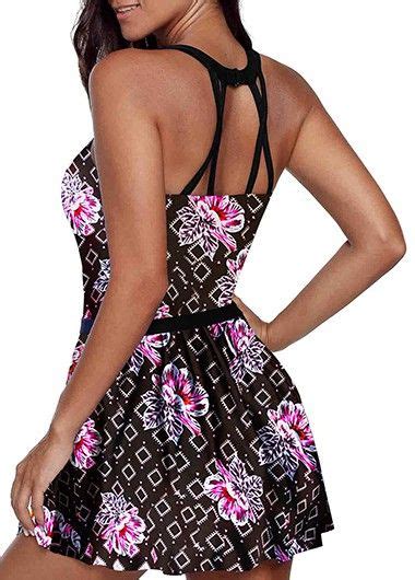 Retro Flower Print Strappy Back Swimdress And Shorts Usd