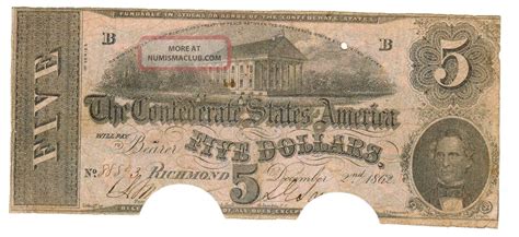 5 1862 The Confederate States Of America Richmond More Currency 4 Vq