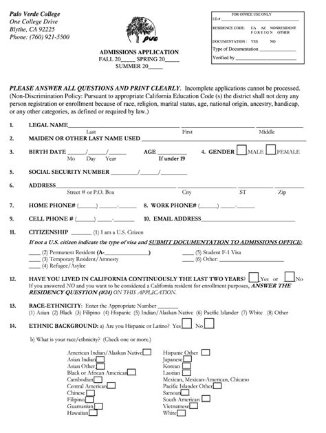 Fillable Online Paloverde Admissions Application Palo Verde College Fax Email Print Pdffiller