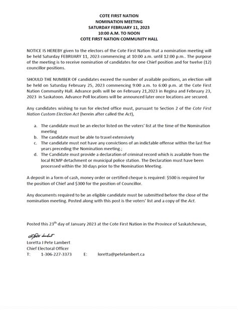 Notice Of Nomination Meeting Cote First Nation