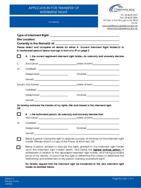 Fillable Online APPLICATION FOR TRANSFER OF INTERMENT RIGHT Fax Email