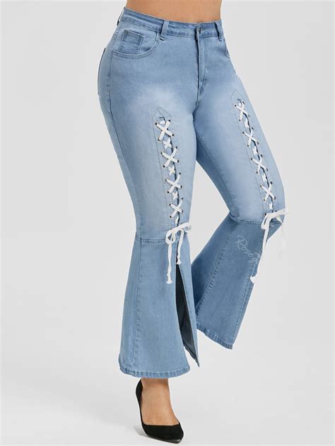 Plus Size High Waisted Lace Up Bell Bottom Jeans [23 Off] Rosegal