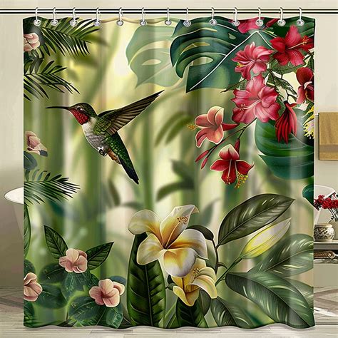 Tropical Rainforest Hummingbird And Flowers Shower Curtain Vibrant Green