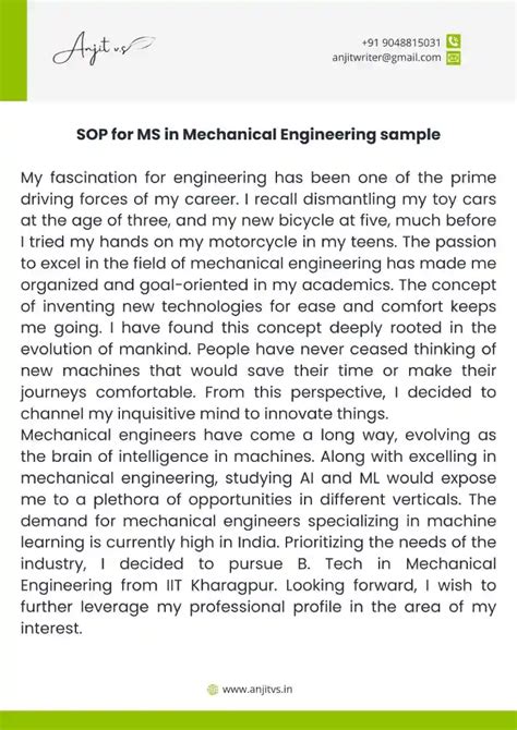 SOP For MS In Mechanical Engineering Sample PDF 2024