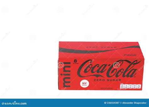 Close Up View Of Box Of Mini Cans Of Coca Cola Sugar Free Isolated On