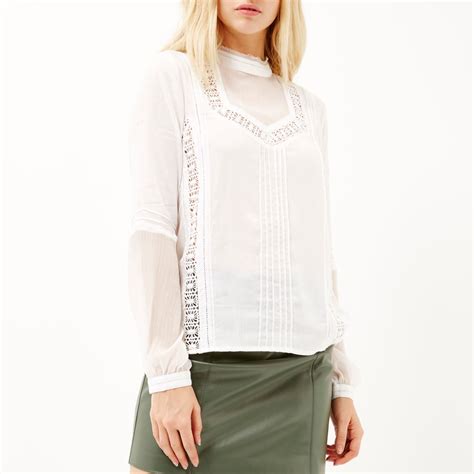 River Island Cream Lace High Neck Blouse In Natural Lyst