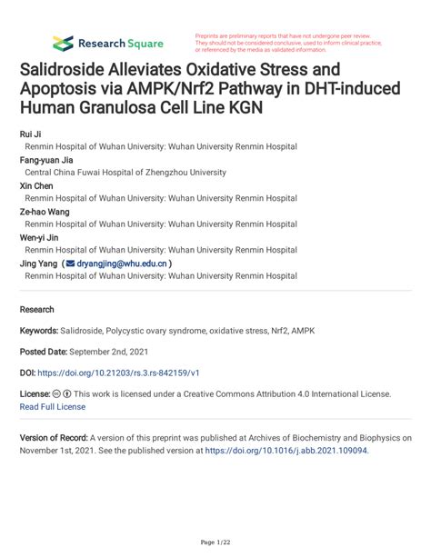 Pdf Salidroside Alleviates Oxidative Stress And Apoptosis Via Ampk