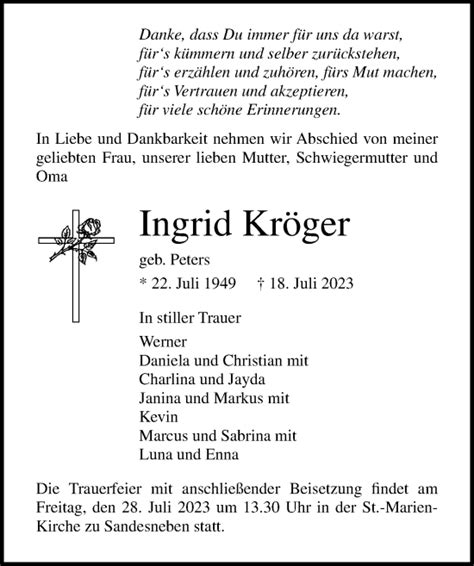 Traueranzeigen Von Ingrid Kr Ger Trauer Anzeigen De