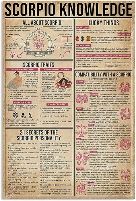 Scorpio Knowledge Metal Tin Signs Scorpio Infographic Retro Poster Astrology Club