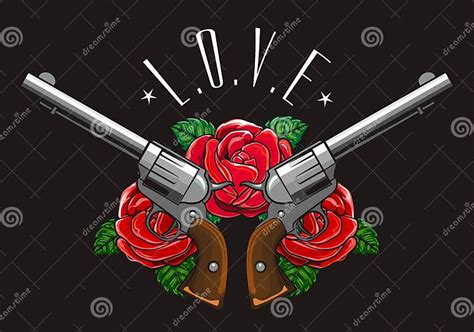 Two Crossed Pistols With Rose Flowers Drawn In Tattoo Style Stock Illustration Illustration Of