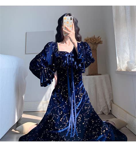 Blue Evening Party Galaxy Dress Lace up Dress Female Long Sleeve ...