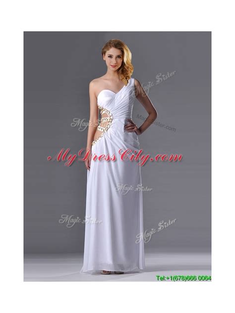 Beautiful Cut Out Waist One Shoulder White Prom Dress With Beading